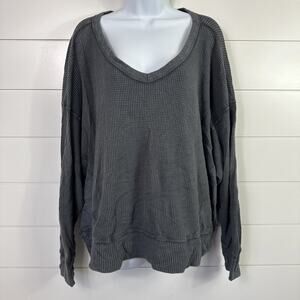 AERIE Waffle Thermal Dolman Sleeve V-Neck Relaxed Shirt Gray sz L